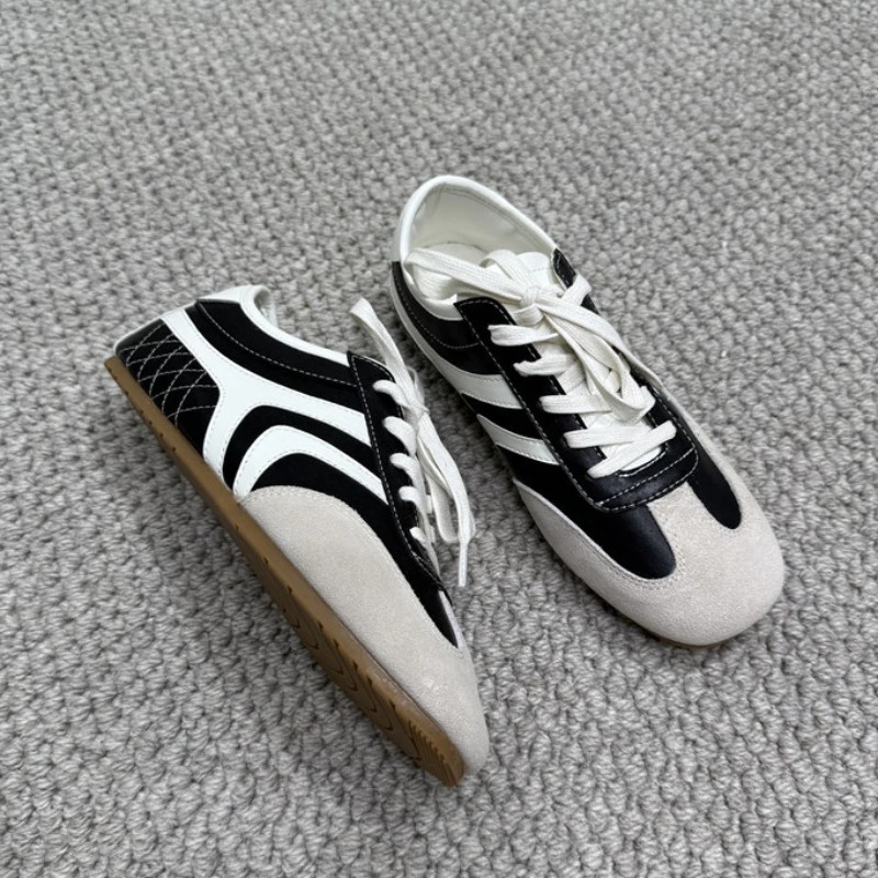 2025-summer-new-casual-flats-match-color-sneakers-black-lace-up-vintage-german-training-luxury-round-toe-sports-low-heel-shoes
