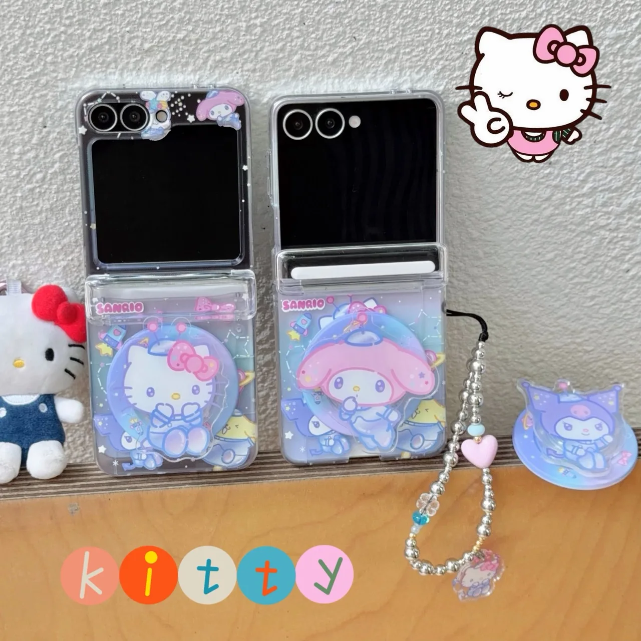 Gradient Star Cartoon Kitty Little Animal Magnetic Phone Shell For Samsung Galaxy Z Flip 8 7 6 5 4 3 With Cartoon Stand Chain