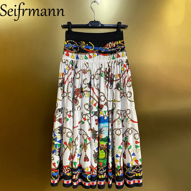 Seifrmann Casual printed cotton skirt high waist A-line long skirt 2026 summer women's fashion new style