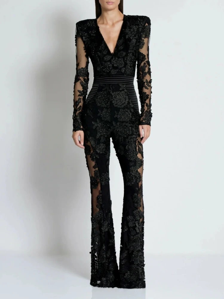 Sexy Deep V Neck Floral Lace Diamonds Design Jumpsuit Women Long Sleeve Lace Patchwork Beaded Wide Leg Jumpsuit Evening Runway