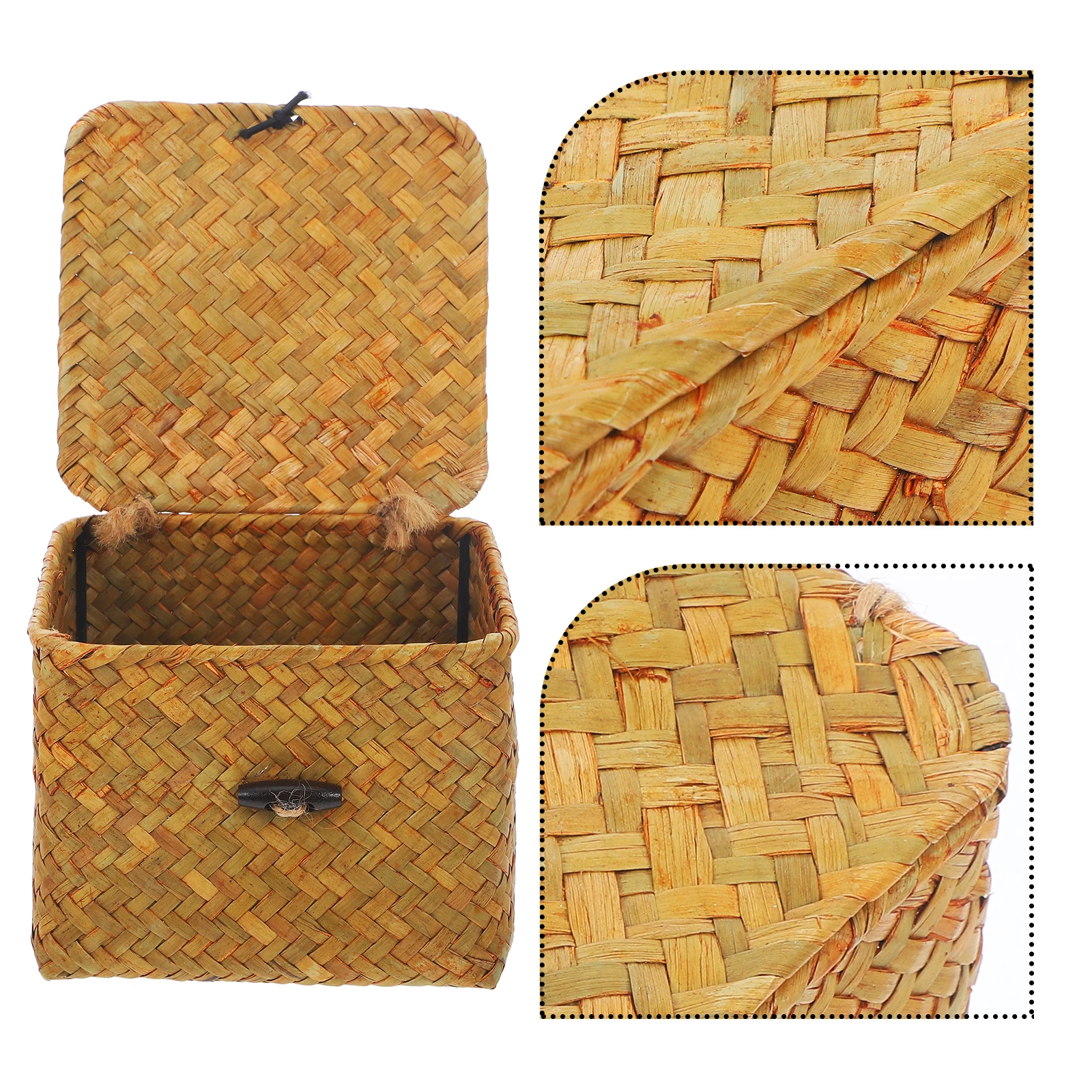 

Straw Box Medium Tea Storage Holder Covered Organizer Decorative Storage Box Small Straw Basket with Lid