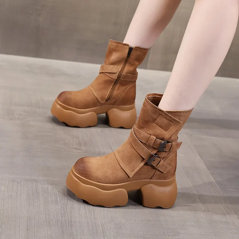 Fujin 9.5cm New Microfiber Synthetic Leather Knee High Fashion Autumn British Boots ZIP Platform Wedge Women Ankle Spring Shoes