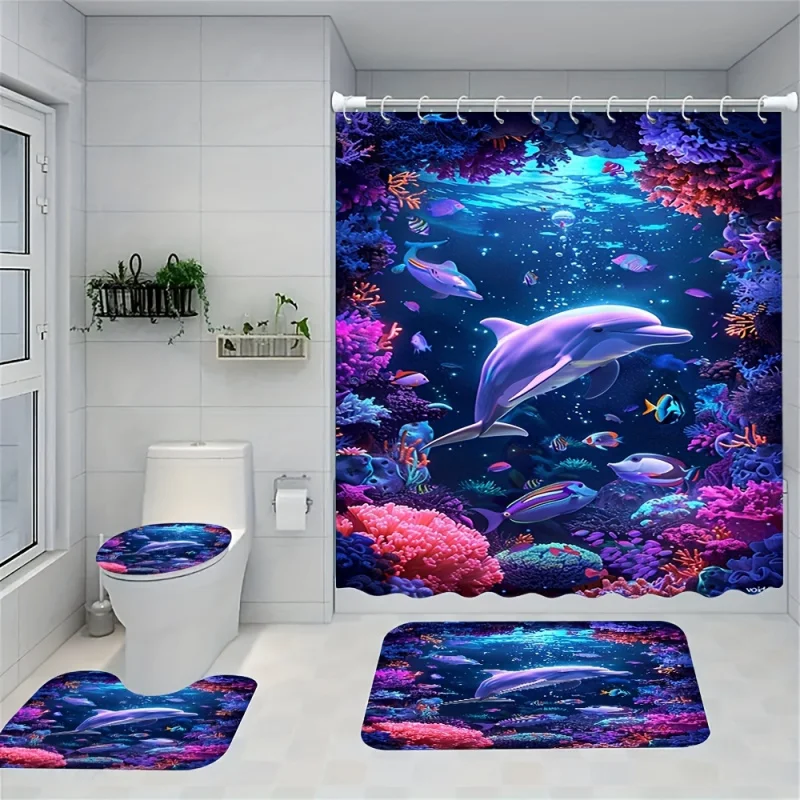 

Набор занавесок для душа на тему дельфина океана с нескользящими ковриками, крышкой для унитаза, ковриком для ванной — водостойкая полиэфирная ткань с 12 шт.