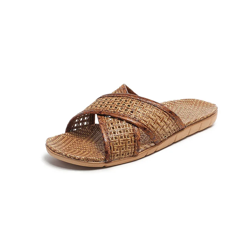 2023 new fashion woven slippers summer female indoor floor home with non-slip couple linen straw mat bamboo slippers