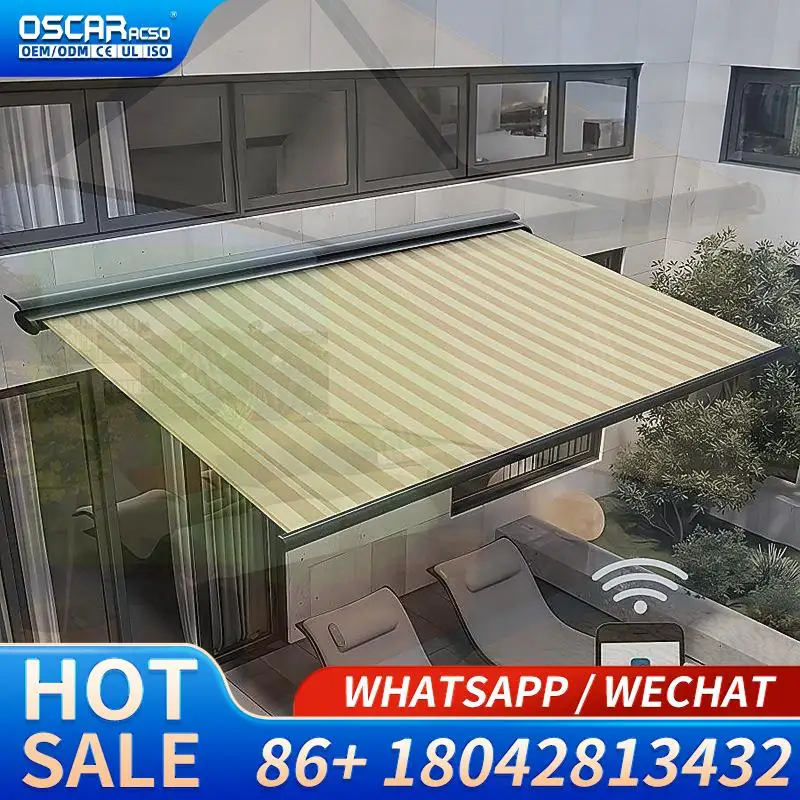 Motorized Full Cassette Awnings with Remote Control for Balcony Terrace Veranda 6m Rain Sun Protection Retractable Awning