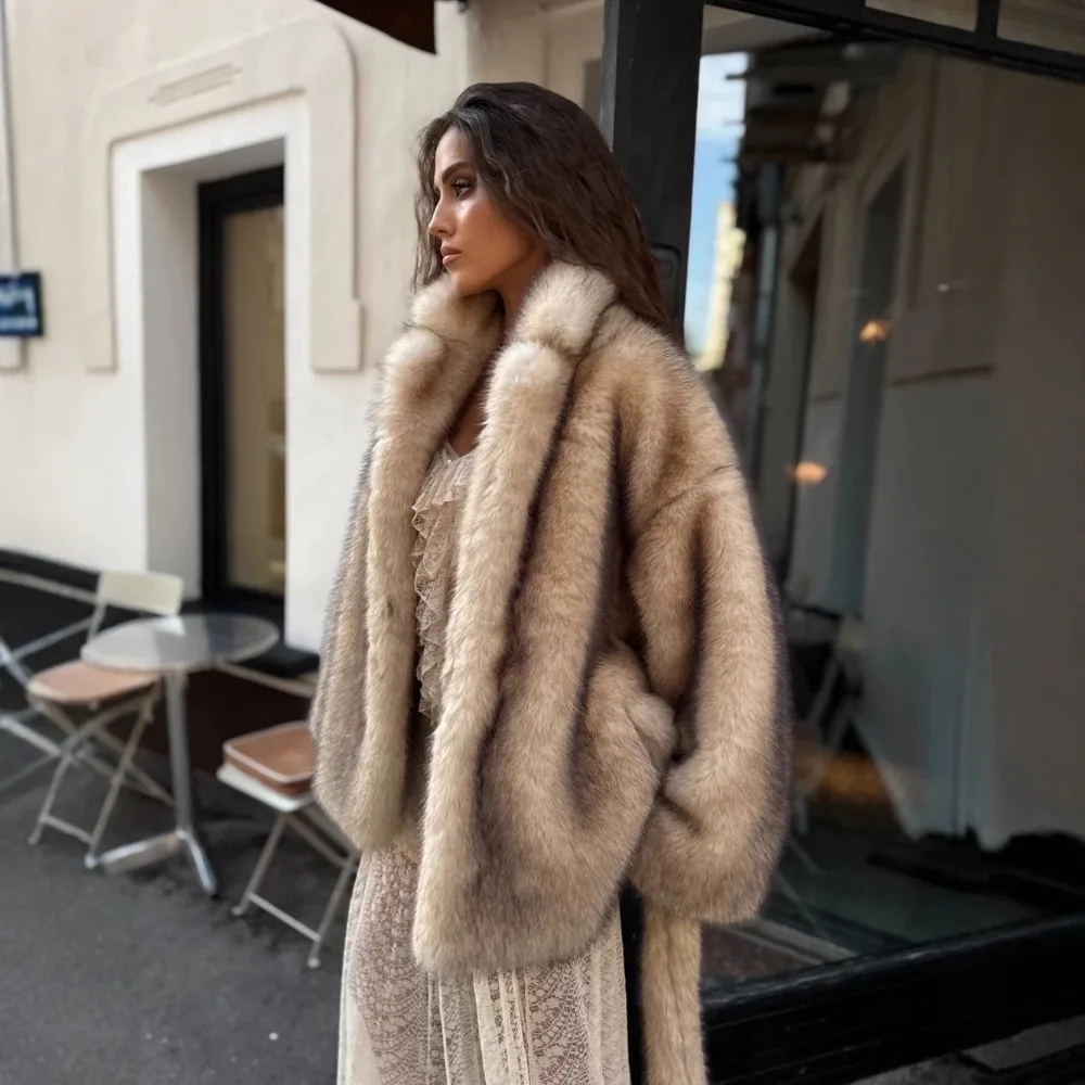 Elegant Thick Warm Environmentally Friendly Fox Fur Coat Autumn and Winter Women's Chic Loose Soft Snow Travel Camping Long Coat