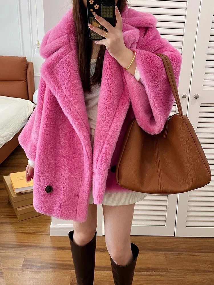 LANMREM Short Lamb Wool Coat For Women Lapel Collar Loose Sleeves Solid Color Female Luxury Warm Clothing 2024 Winter 2DA8020