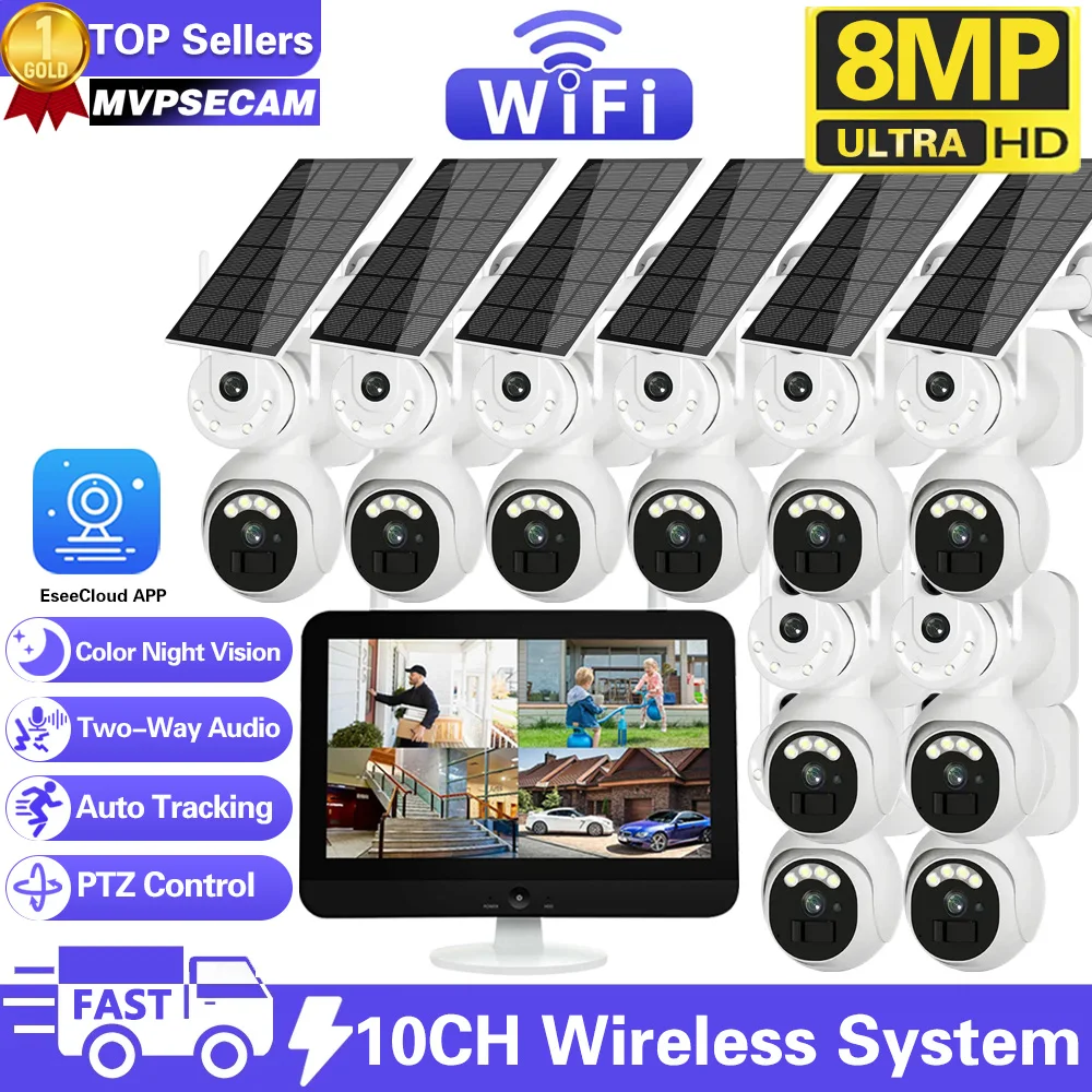 

10CH 4K Solar Wifi PTZ Security Camera Sytem 12.5" LCD Monitor NVR Kit 2 Way Audio Wireless CCTV Video Surveillance System Kit