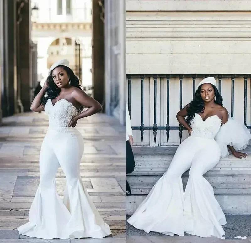 

Customized Plus Size Jumpsuit African Wedding Dress With Pants Vestidos De Novia Sweetheart Lace-up Suit Lace Appliques Beach Me