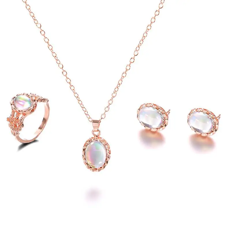 3Pcs Opal Jewelry Set For Women Gemstone Pendant Necklace Ring Earrings Elegant Crystal Accessories For Party Daily Wear Gift