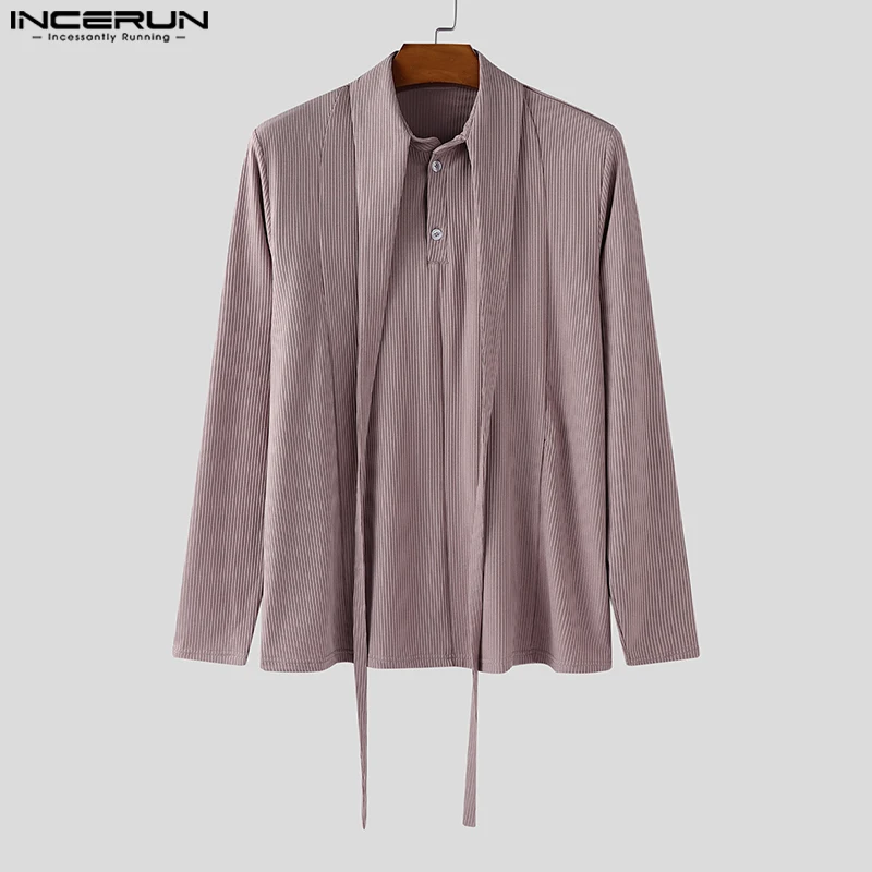 

INCERUN Men T Shirt Solid Color Lapel Long Sleeve Button Casual Male Tee Tops Knitted Streetwear 2025 Fashion Men Clothing S-5XL