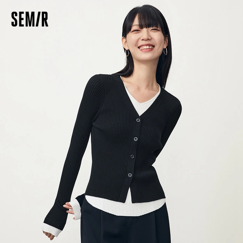 Semir 2023 Women Sweater Fake Two-Piece Temperament Contrast Color All-Match Tight-Fitting V-Neck Pullover Looks Thin Sweater