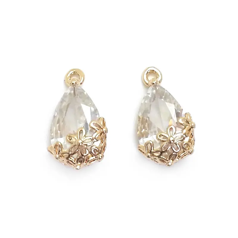 18K Gold Color Brass and Glass with Flower Drop Shape Charms Pendants High Quality Diy Jewelry Making Earrings Accessories