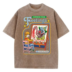 Express Your Feelings Draw A Clown Washed Retro Men Tshirts Fashion Street Breathable T Shirts Loose Cotton Tee Clothing T-Shirt