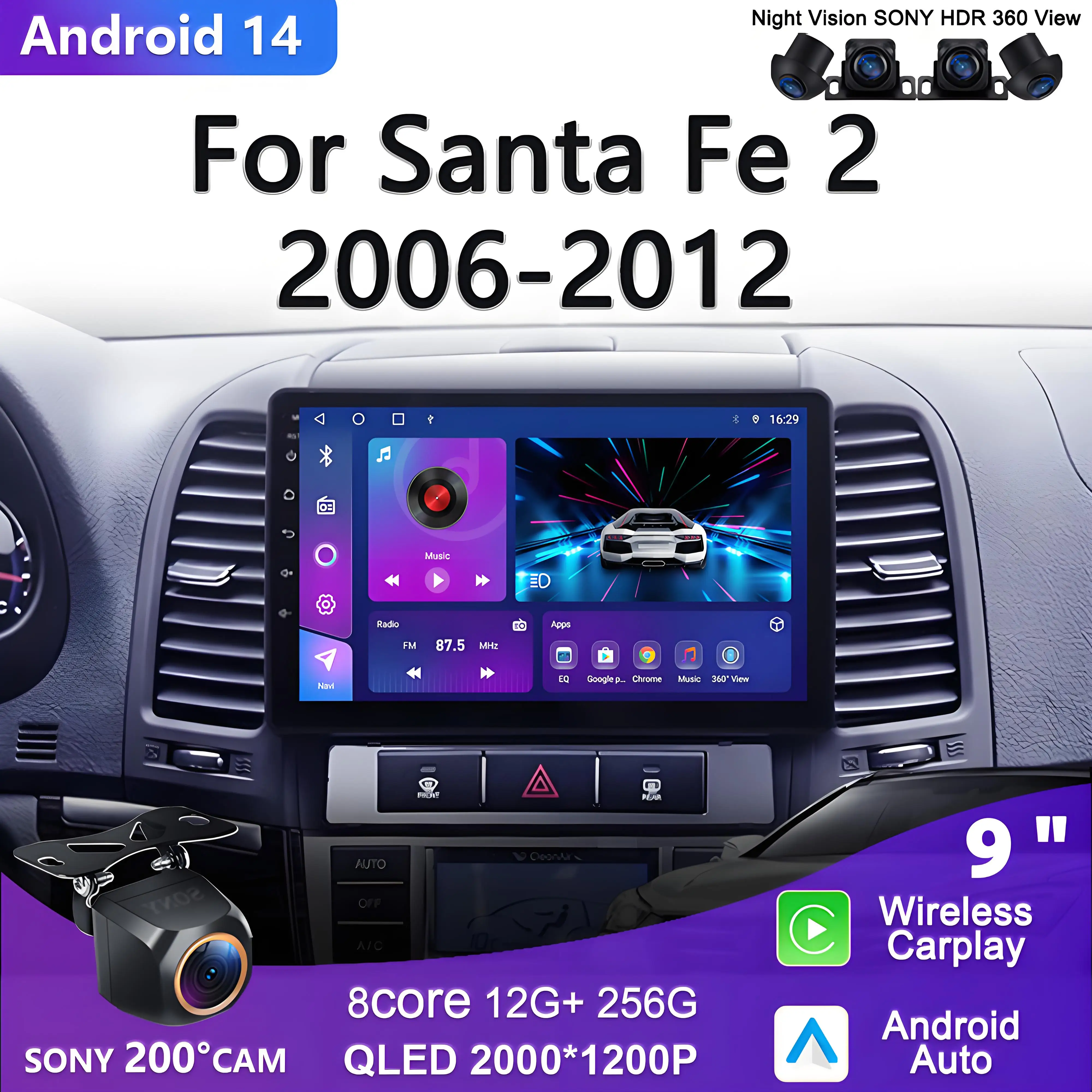 

2K Incell Screen Android 14 For Hyundai Santa Fe 2 2006-2012 Car Stereo Multimedia Radio Unit Player GPS No 2din DVD HDR