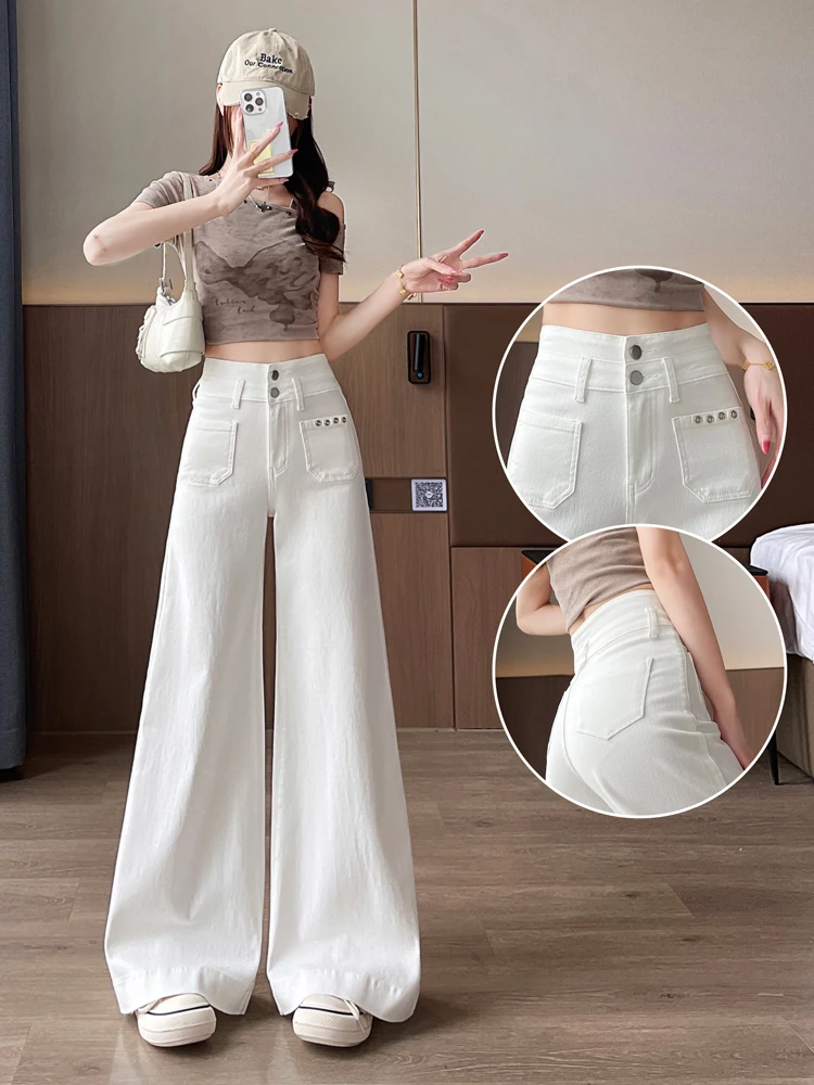 

White Loose Ice Silk Wide Leg Jeans Women's Summer Thin Loose Not Sticky Leg Lyocell Cool Feeling Bell Bottoms High Waist