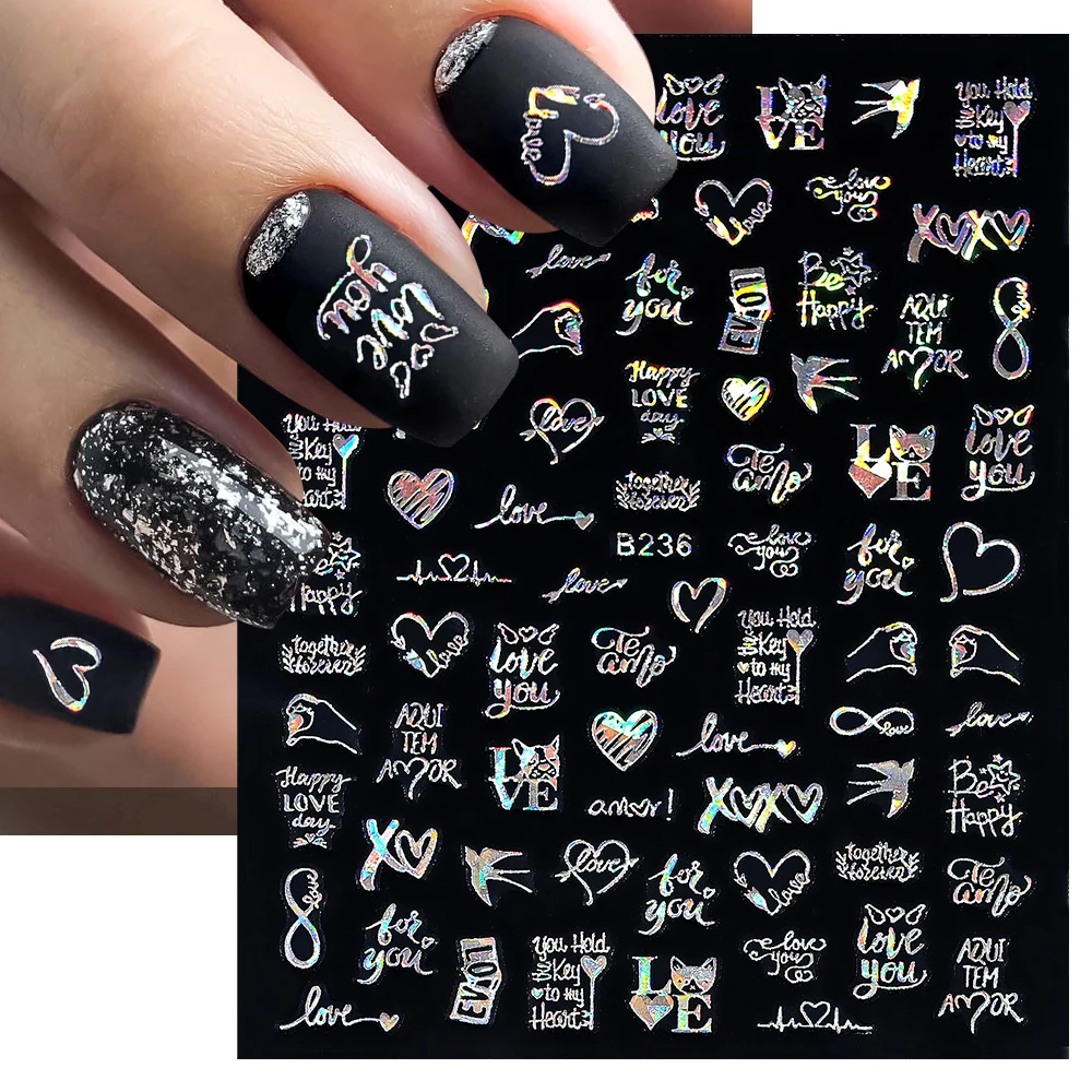 3d folha de etiqueta para nail art, 1 folha, laser, coração, letra, ouro, prata, decoração, letras inglesas, acessórios, suprimentos para unhas