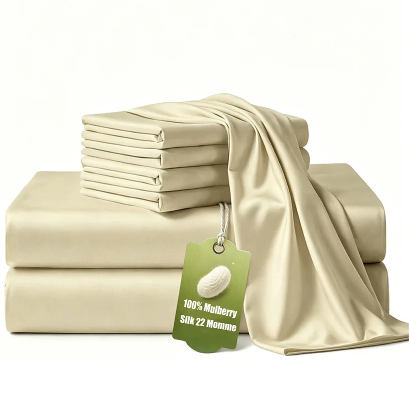 

100% Silk Bedding Sheet Set, Pure Mulberry Silk Bed Sheets Set, Luxury Smooth Fitted Sheet Flat Top Sheet Pillowcase Queen King
