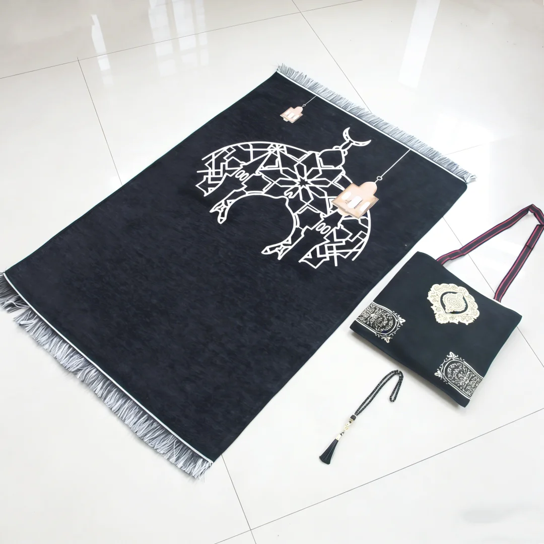 Black Bag 2-Piece Set, Ideal for Gifting: Thickened Non-Slip Chenille Prayer Mat with Matching Storage Bag and Prayer Beads
