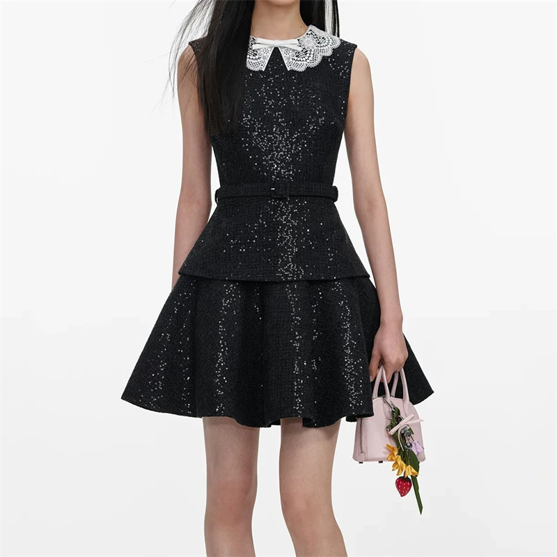 High-Quality Summer New DollCollar Bowtie Tweed Sequin Knitted SleevelessDress Y2K Women's Fashion HighStreet A-Line Vest Skirt
