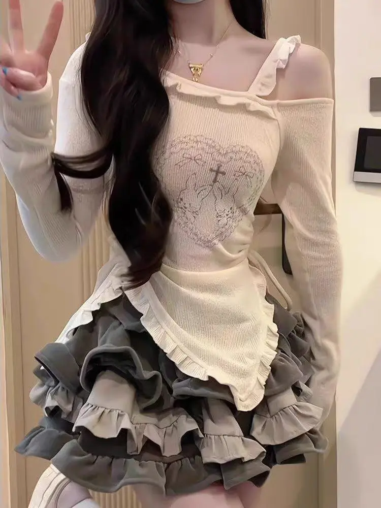 

Autumn Korean Sweet Two Piece Set Women Japanese Kawaii Chic Slim Tops ＋ Princess Cake Skirt Female Cute Print Skirt Suits 2025