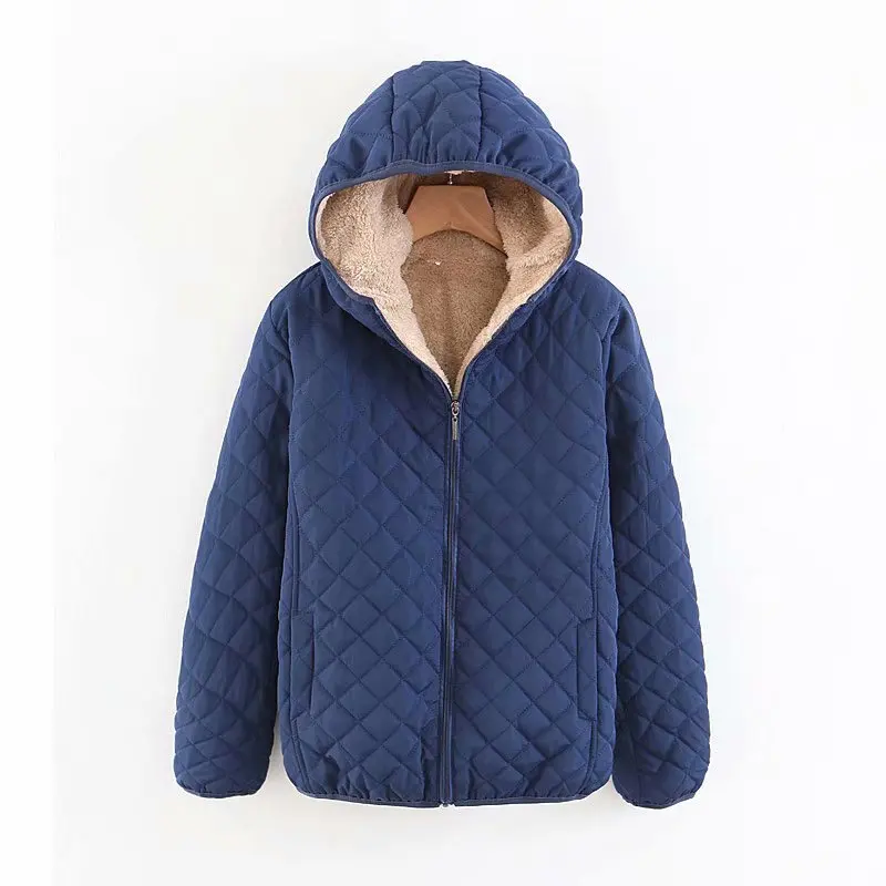 Women\'s Coat Fleece Warm Autumn Winter Hooded Zipper Jacket Plaid Slim Long Sleeve Solid Color Outerwear Female Quilted Coats