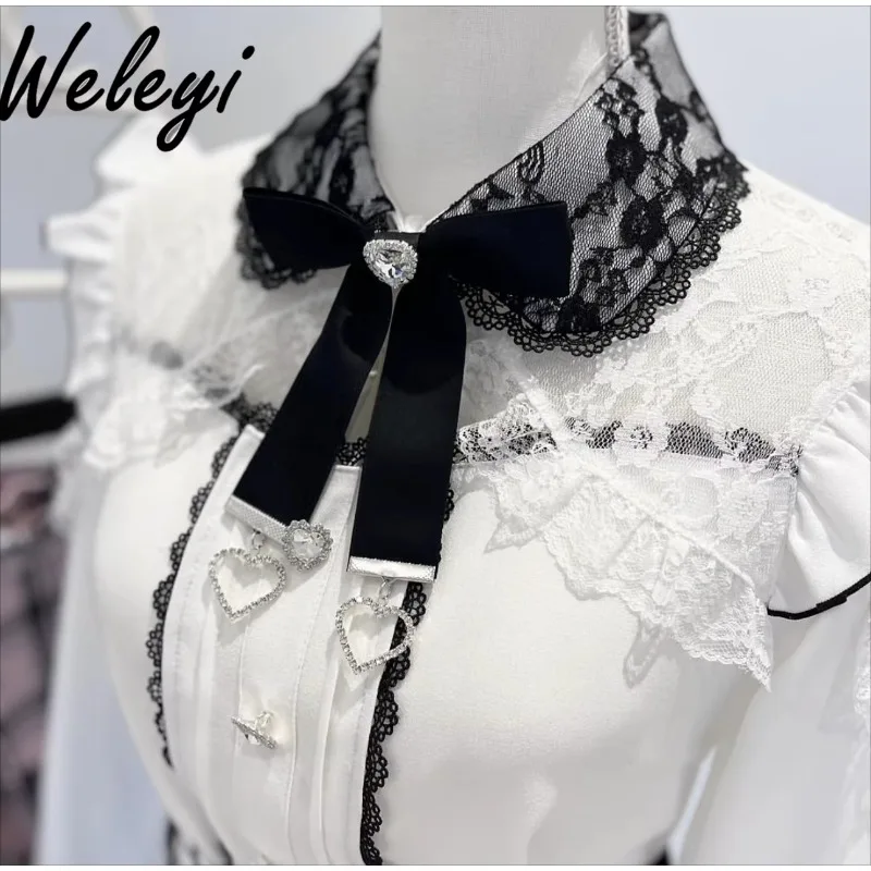 Sweet Japanese Shirt Ladies Sweet All-Match Lace Stitching Lolita Shirts 2024 New Cute Exquisite Drill Buckle Bow Blouse Female