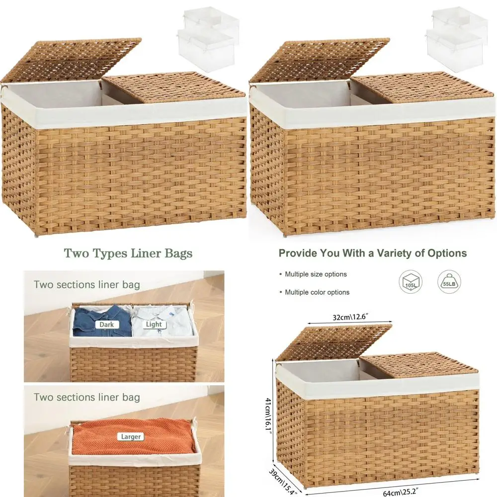 

Корзина для хранения из ротанга с 2 крышками, вместимость 105 л, 25,2x15,4x16,1 дюйма, плетеная с 2 вкладышами для спальни и прачечной — Nat