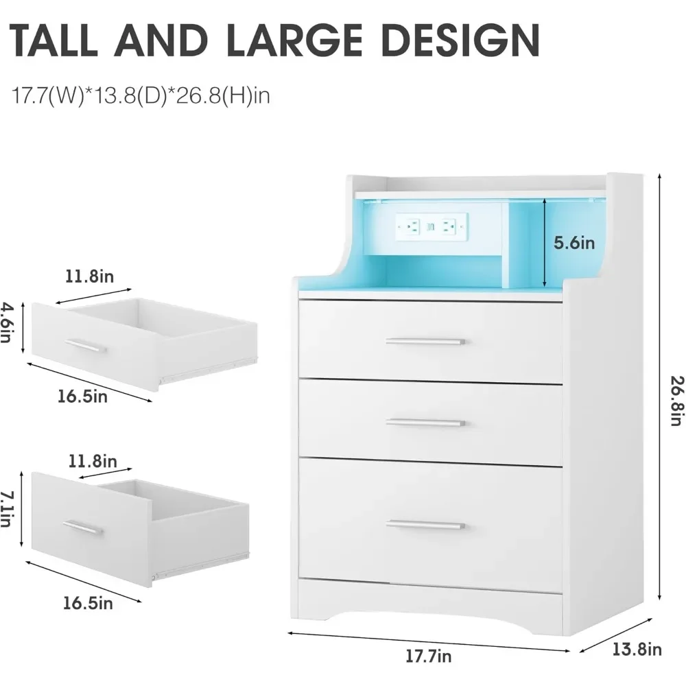 White Nightstand with  Drawers Nightstand Set of with Led Light Power Strip Night Stand for Bedroom Bed Side Table