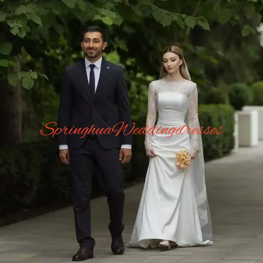 カスタマイズされたシンプルでエレガントなマーメイドサテンレース長袖ウェディングドレスブライダルガウン（ベスティード・デ・ノビア）