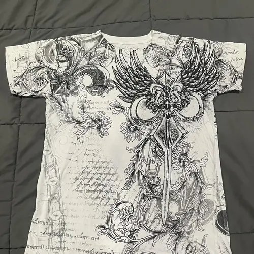 Imagen 1 del producto Camiseta blanca y gris de Affliction para hombre, top holgado de moda con estampado de doble cara hip-hop y2k para hombre