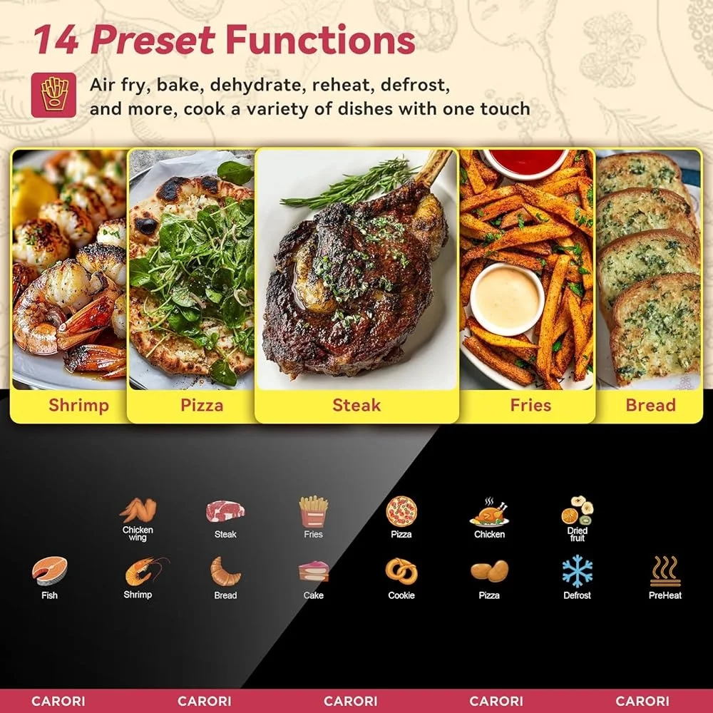 Fritadeira de ar 14 em 1 com janela de visualização Tecnologia de aquecimento duplo 1700W Cozinha rápida 95% Menus predefinidos de óleo Fácil limpeza