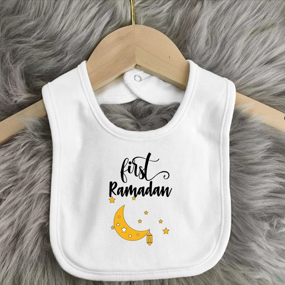 Celemek bayi My First Lebaran cetak bayi Bib anak laki-laki perempuan kain sendawa baru lahir 1sy hadiah mandi Lebaran balita putih katun celemek makan