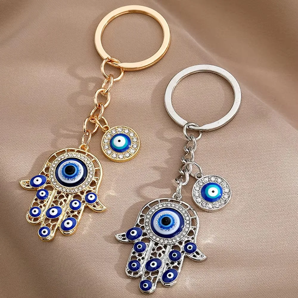 

Fashion Blue Evil Eyes Hand Shaped Keychains Exquisite Rhinestone Metal Keyrings for Women Men Car Handbag Phone Pendant Gifts