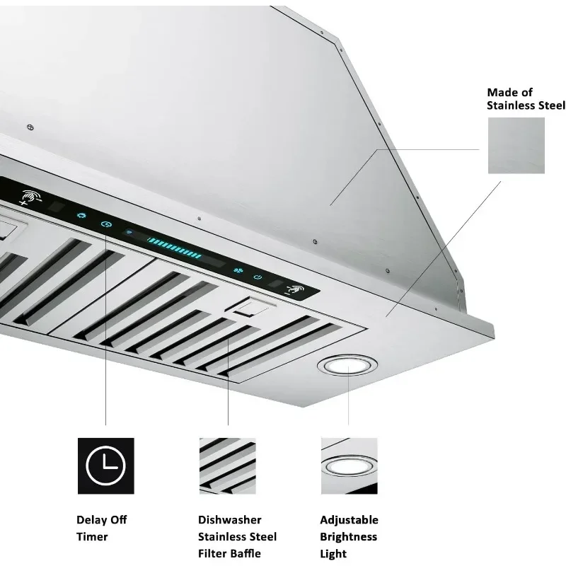 Hotte de cuisine encastrable/enfichable, hotte de cuisine convertible canalisée/sans conduit, en acier inoxydable