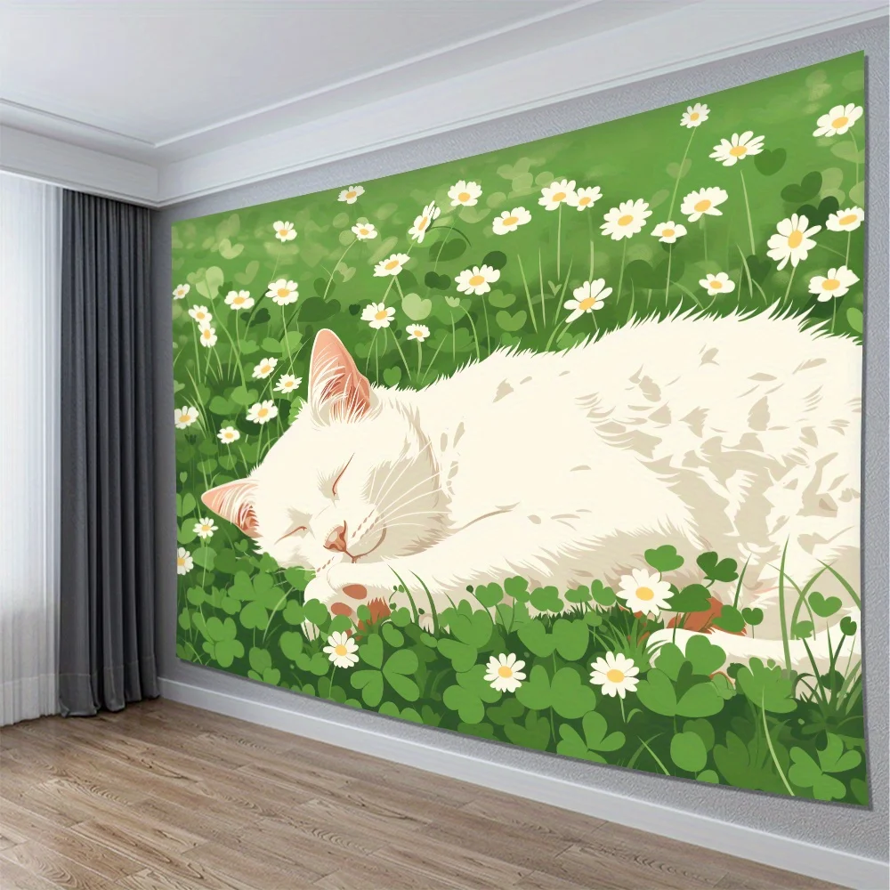 Sleeping White Cat Wall Tapestry, Floral Meadow Decor for Bedroom, Living Room, Pet Lover Gift, Soft Polyester multiple sizes