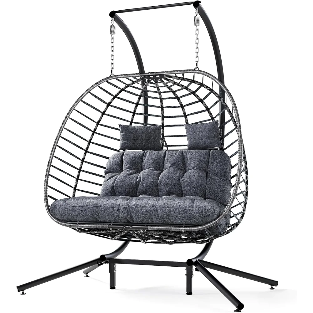 

Double Egg Swing Chair with Stand, Outdoor Patio 2 Person Hanging Wicker Hammock Chairs with Cushion for Indoor Bedroom