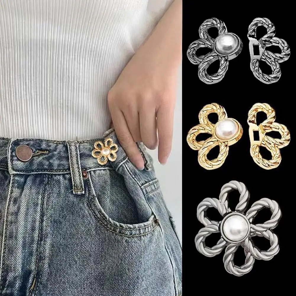 Reusable Metal Buttons Pearl Flower Snap Fastener Pants Pin Retractable Button Sewing-on Buckles for Jeans Fit Reduce Waist W9I1