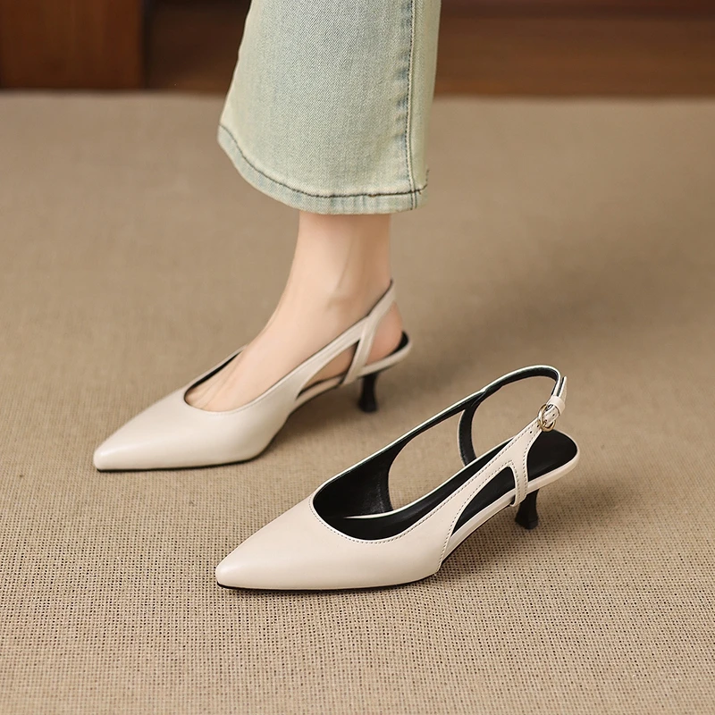 

Women's new summer genuine leather cowhide pointed high heels with loose buckle toe, plus size M ü ller shoes, fashion sandals