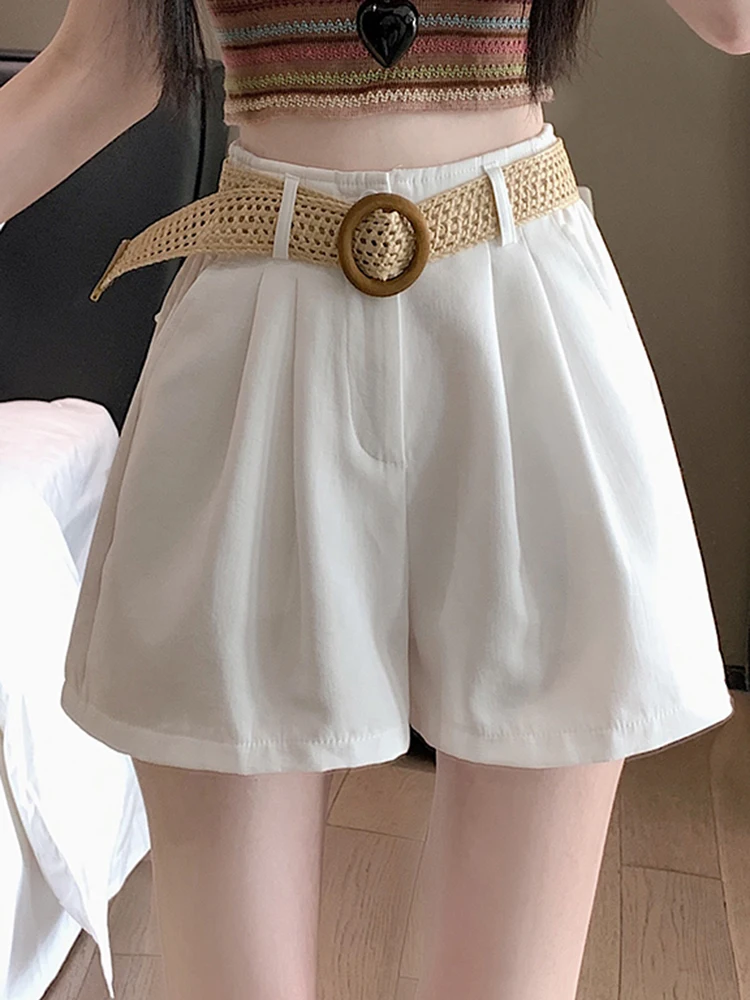 Zoki Casual Belt Shorts Women High Waist Fashion Loose Korean Elegant Shorts Summer Female Sweet All Match Chic A Line Shorts