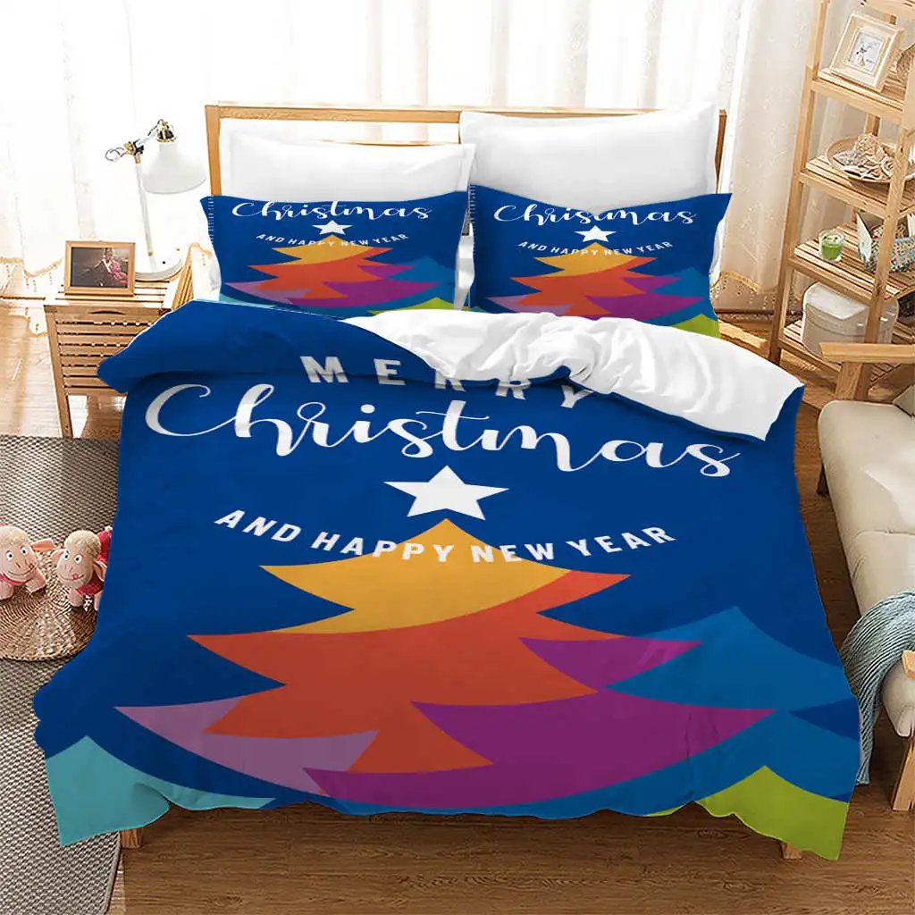 1pc Duvet Cover 2pillowcase Christmas Theme Tree Happy New Year Scene Decor Comforter Cover for Family Teens Gift Bedroom Decor