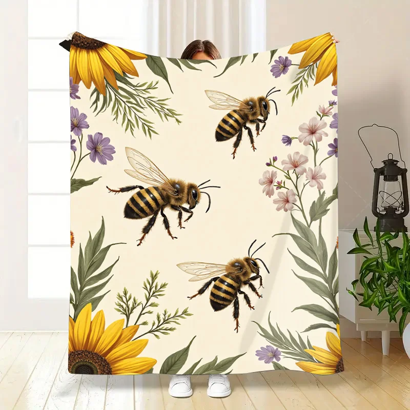 1 coperta in flanella con stampa di api e motivi floreali per un accogliente arredamento per la casa