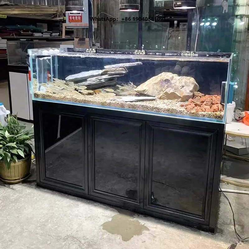Large Custom Ultra Clear Glass Aquarium Fish Tank with Black Cabinet Stand, Complete Freshwater Aquarium with Sump Filter System