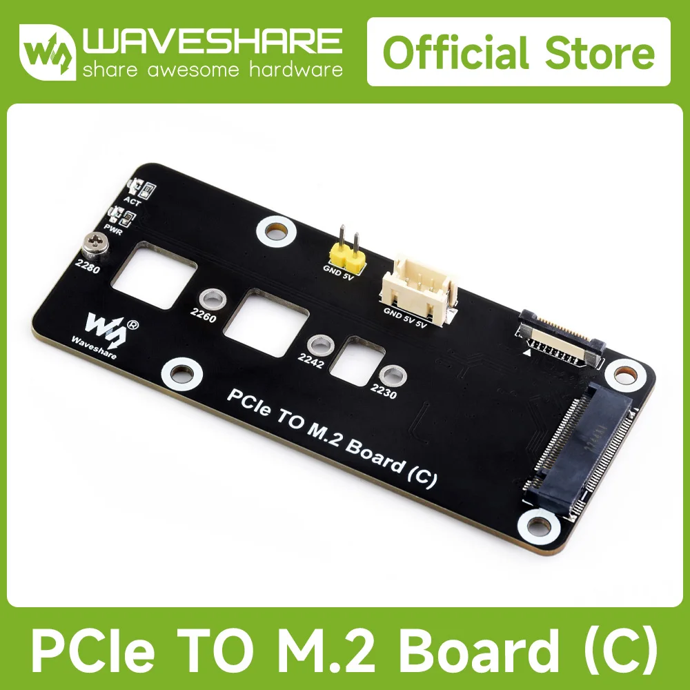 

Waveshare PCIe To M.2 Adapter Board (C) for Raspberry Pi 5, for 2280 / 2260 / 2242 / 2230 size NVMe Protocol M.2 SSD
