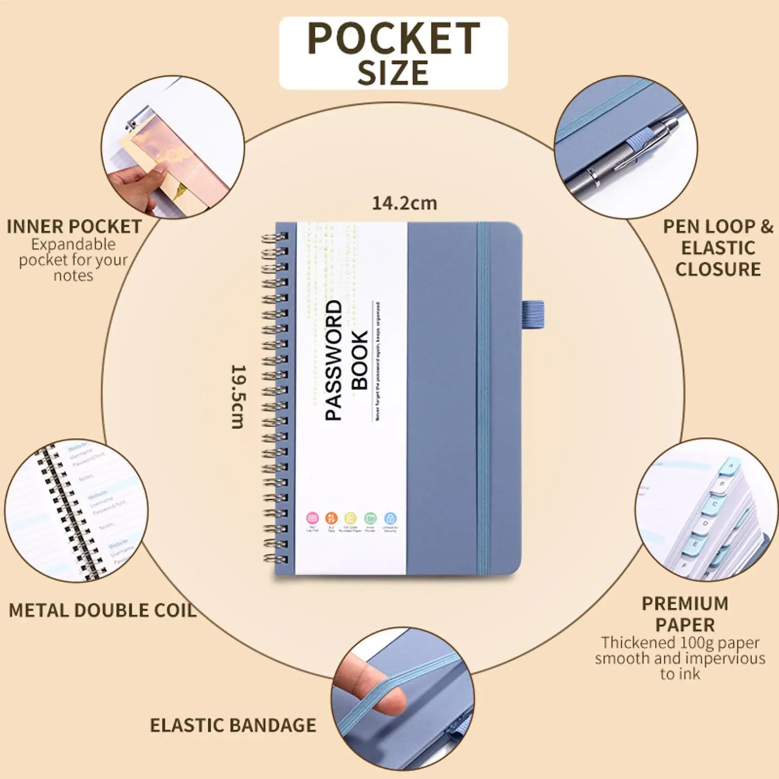 A6 Password Book Strap Notebook a spirale Sito web Username Password Record Notebook 112 pagine Password Keeper Libro Carta di cancelleria