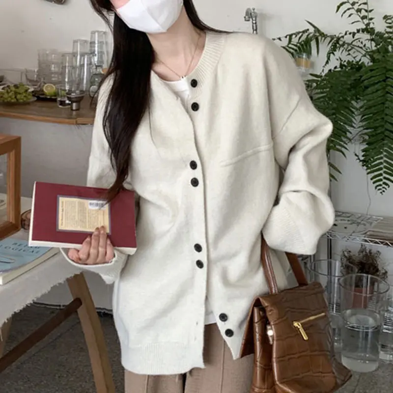 

Japan Style Solid Color Cardigan Autumn Winter O-Neck Loose Women's Clothing Single-breasted Basic Casual Long Sleeve Sweaters