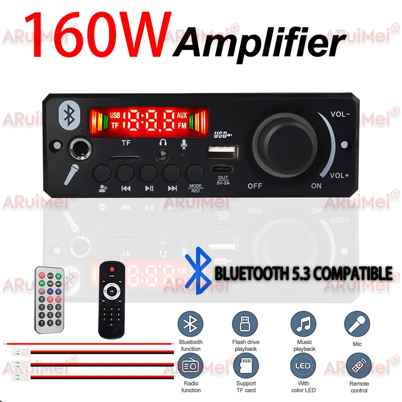 ARuiMei 160W 2 * 80W Amplifier Board Bluetooth 5.0 MP3 Decoder USB/TF/FM Car Stereo 8-24V Call Recording Folder Switching