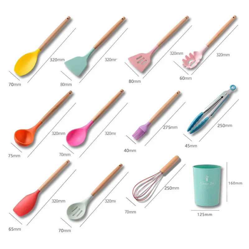 11pcs Silicone Kitchen Cooking Utensils Set of With Holder High Quality Beech Wood Handle Kitchen Tool Food Grade Good Toughness