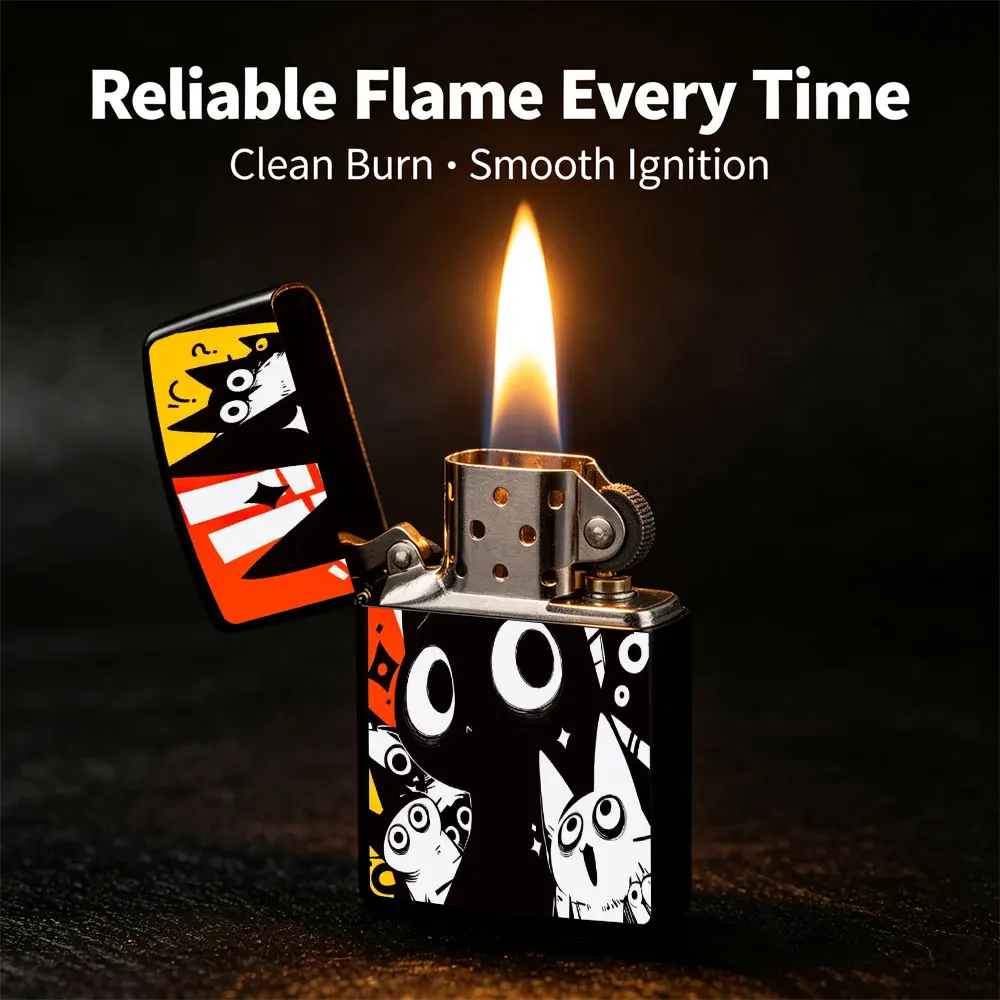 Pocket Lighter, Flip Top Design, Cartoon Black Cat Print Surrounded by Cats on Red Background, Metal Case, Windproof Flame, Comfortable Grip, Portable & Durable