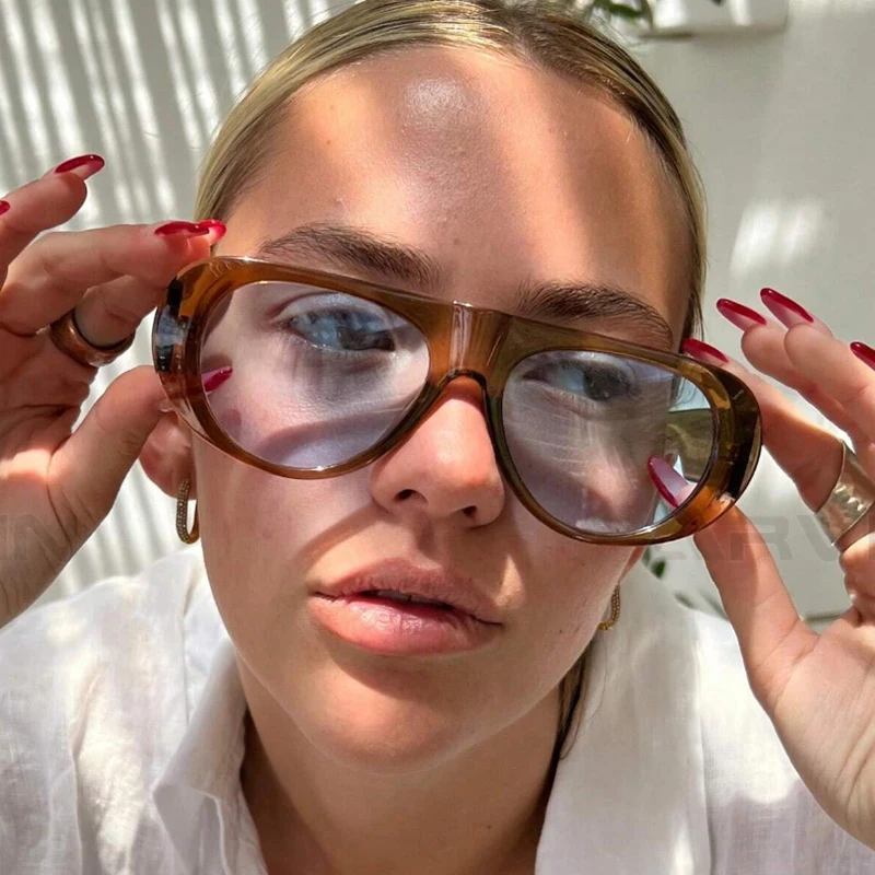 Lüks Kare Güneş Gözlüğü Kadın Erkek Düzensiz Büyük Çerçeve Çay Rengi güneş gözlüğü Kadın Moda Tek Parça Düz Üst Gözlük Gölge